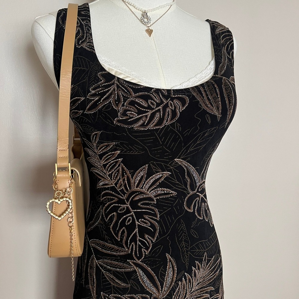 Chico's Travelers Black Bronze Metallic Tropical Leaf Print sling Dress Size L - Picture 3 of 9